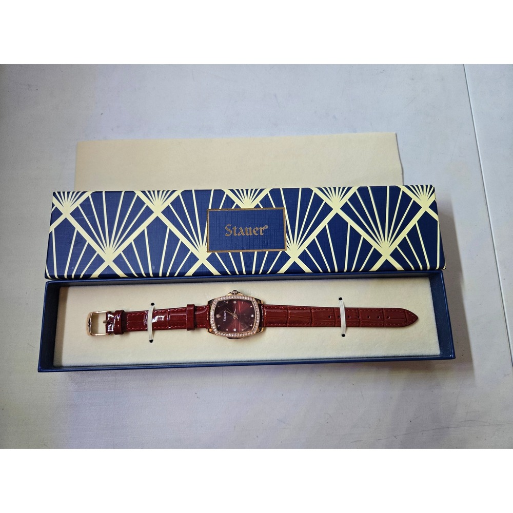 Stauer Ladies Rouge Watch Rose Gold‎ Tone Crystal Bezel Red Leather Band